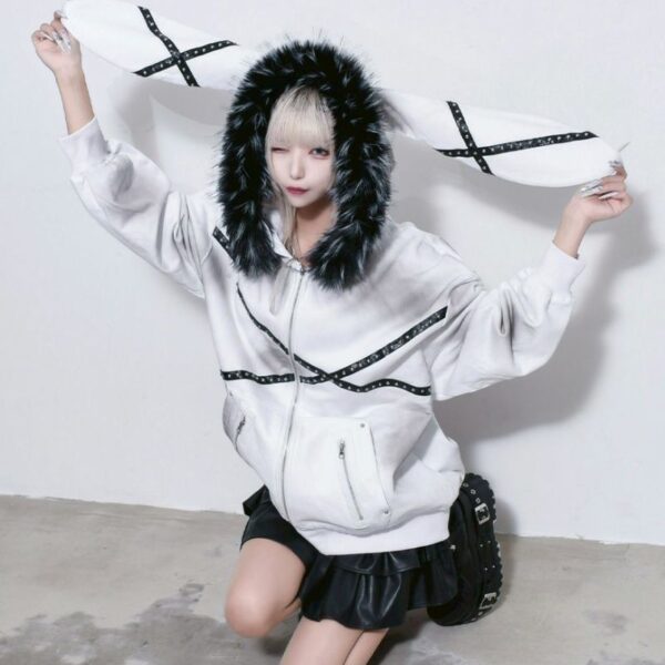 Fur-trimmed Bunny Ear Zip Hoodie