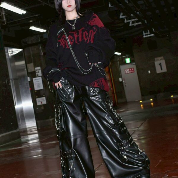 Chain-attached Distressed Knit Pullover