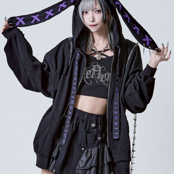 Chain-attached Broken Bunny Ear Long-Sleeve Zip-Up Hoodie