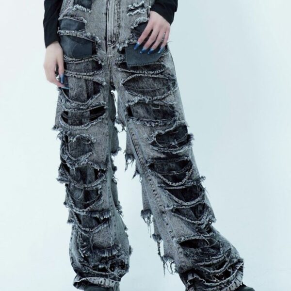 Layered Distressed Wide Denim Pants