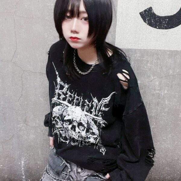 Skull Print Distressed Sweatshirt