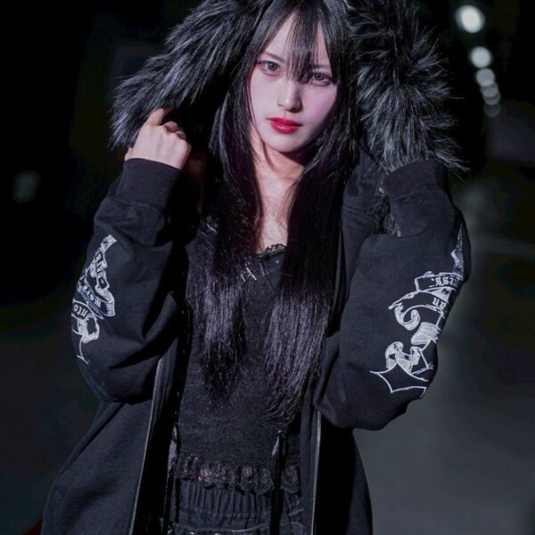 Cross Embroidered Zip-Up Hoodie with Fur