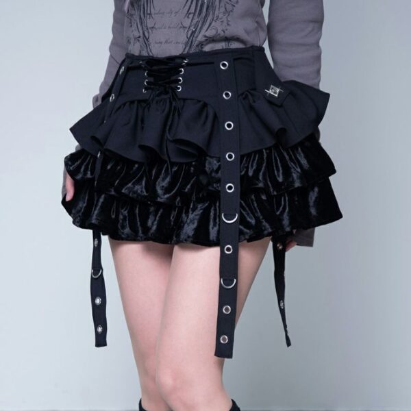Mixed Material Velvet Frill Skirt