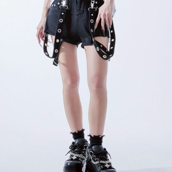 Studded Denim Shorts with Side Belt