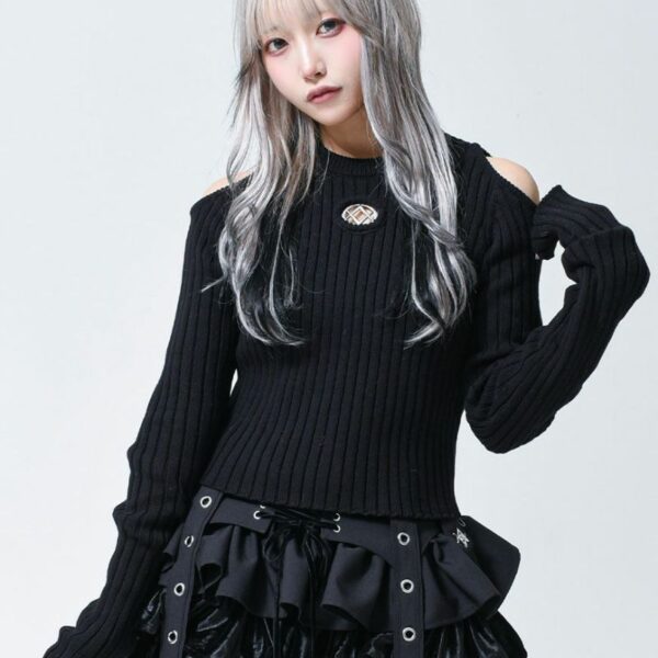 Oval Logo Open Shoulder Crop Rib Knit