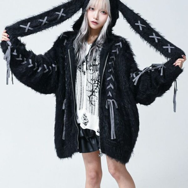 Rabbit Ear Feather Yarn Knit Zip Hoodie