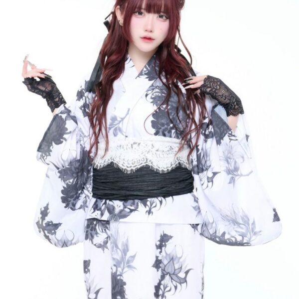 2-Way Separate All-Over Print Yukata 5-Piece Set (Haori, Camisole Dress, Obi, Lace Obi, Lace Gloves)