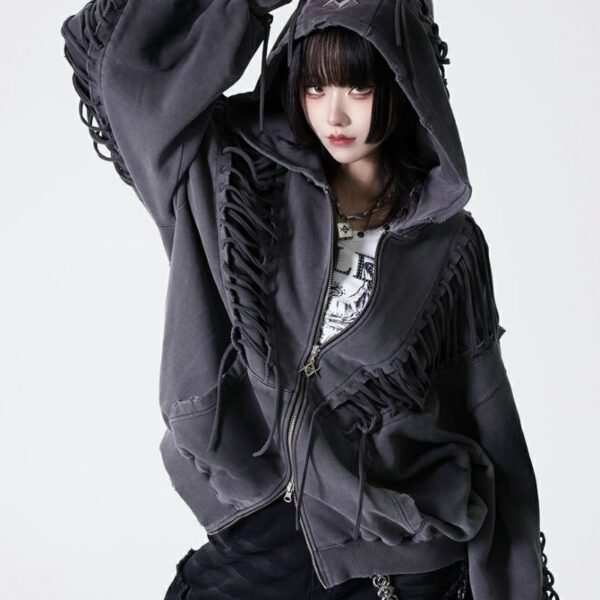 Lace-Up Grunge Zip-Up Hoodie