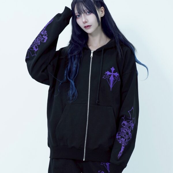 Cross Embroidered Zip-Up Hoodie