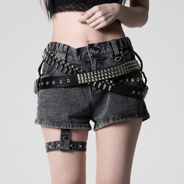 Double Belt Studded Denim Shorts