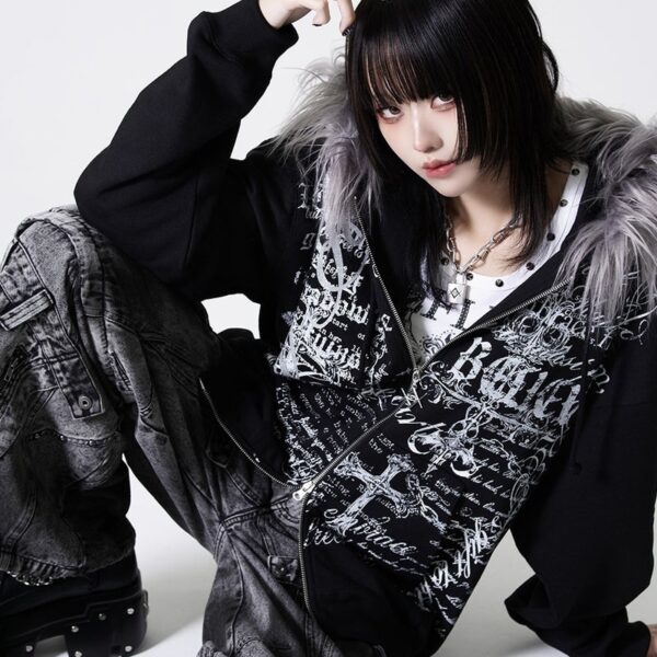 Typography Zip Fur Jacket