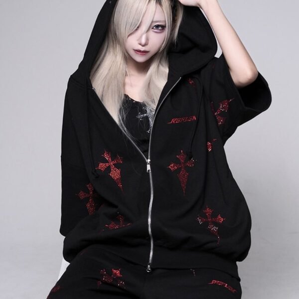 Rhinestone Cross Print Short-Sleeve Zip-Up Hoodie