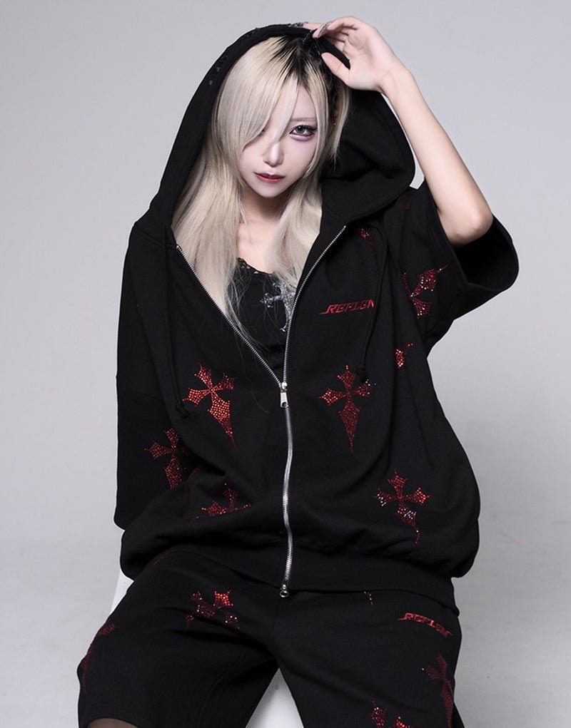 Rhinestone Cross Print Short-Sleeve Zip-Up Hoodie - Reflem Rhinestone Cross Print Short-Sleeve Zip-Up Hoodie - Reflem