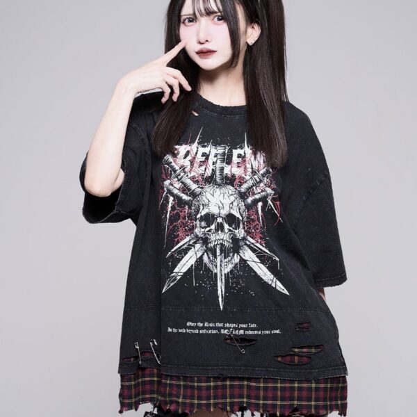 REFLEM Grunge Check Layered T-Shirt with Safety Pin